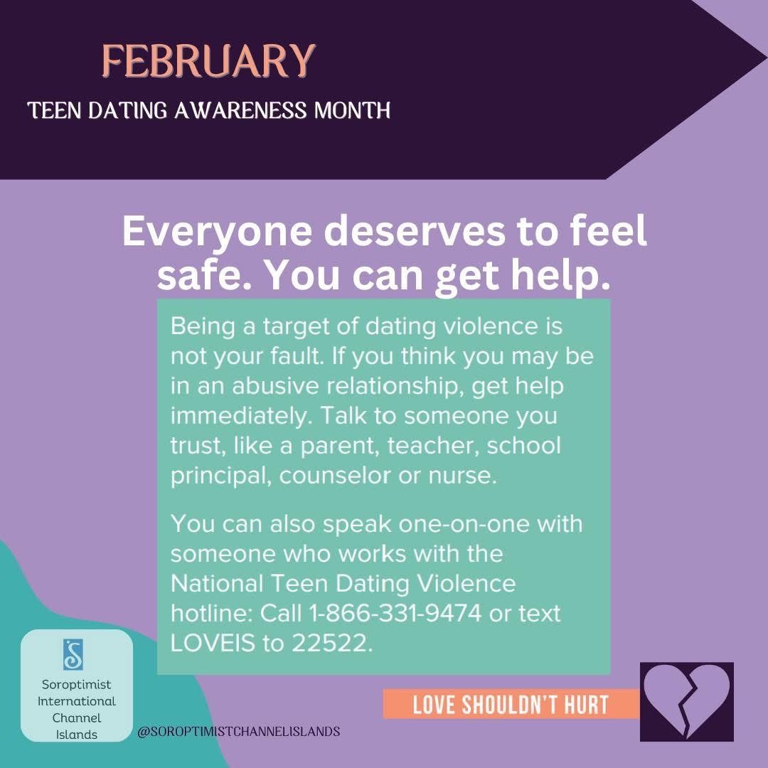 February Teen Dating Awareness Month flyer with support resources, including the hotline 1-866-331-9474 and text line LOVEIS.