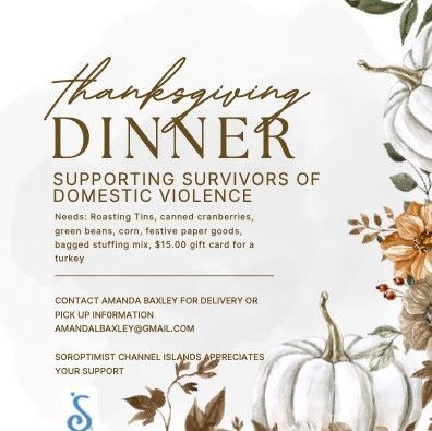 Flyer for a Thanksgiving dinner charity drive for domestic violence survivors, listing donation needs and contact info.