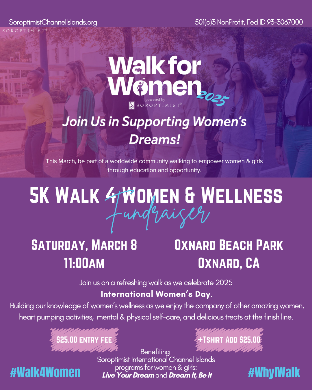 Event flyer for the 2025 Walk for Women 5K fundraiser on March 8 at Oxnard Beach Park, Oxnard, CA.