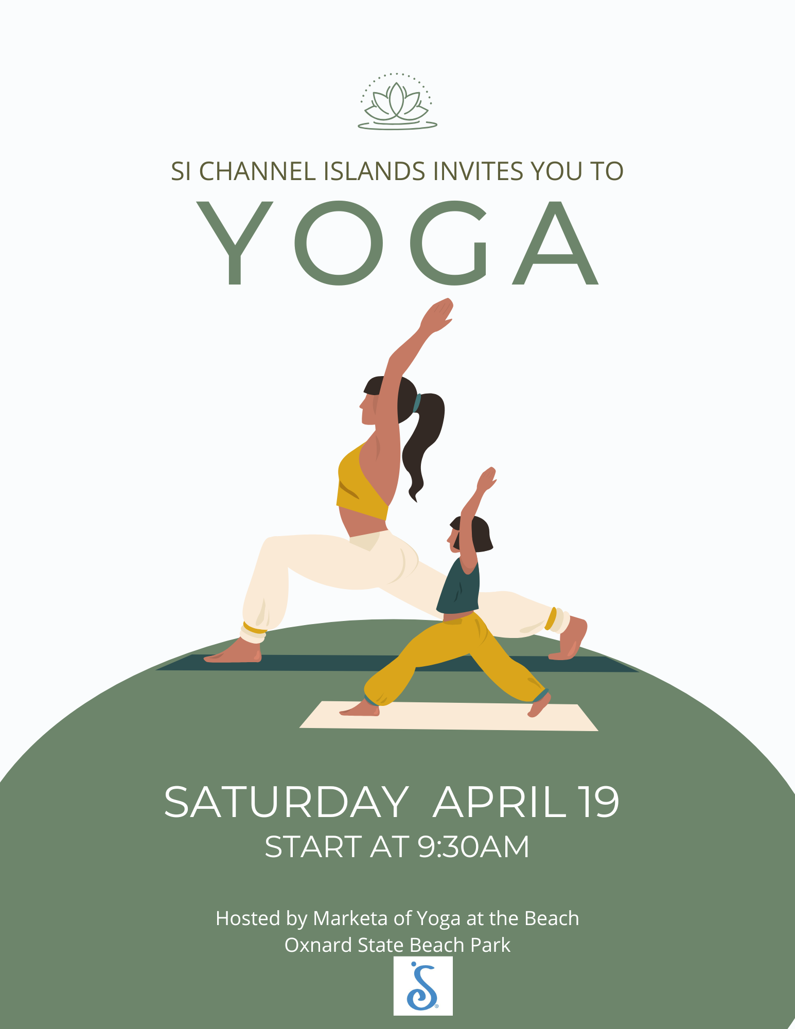 Event flyer for yoga at Oxnard State Beach Park on Saturday, April 19, at 9:30 AM, featuring two people practicing yoga.