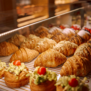 Pastry display case with rows of croissants and fruit-topped pastries on a bakery shelf