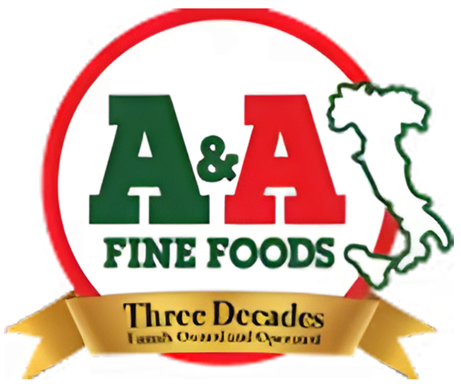A&A Fine Foods logo with red circle, green text, and ribbon reading “Three Decades”