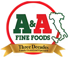 A&A Fine Foods logo with red and green text, Italy outline, and gold ribbon reading “Three Decades”