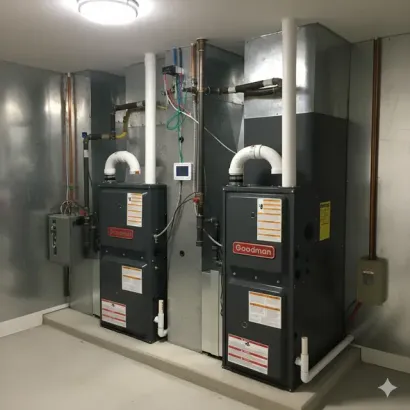 Two Goodman furnaces in a utility room with metal ductwork, pipes, and electrical components.
