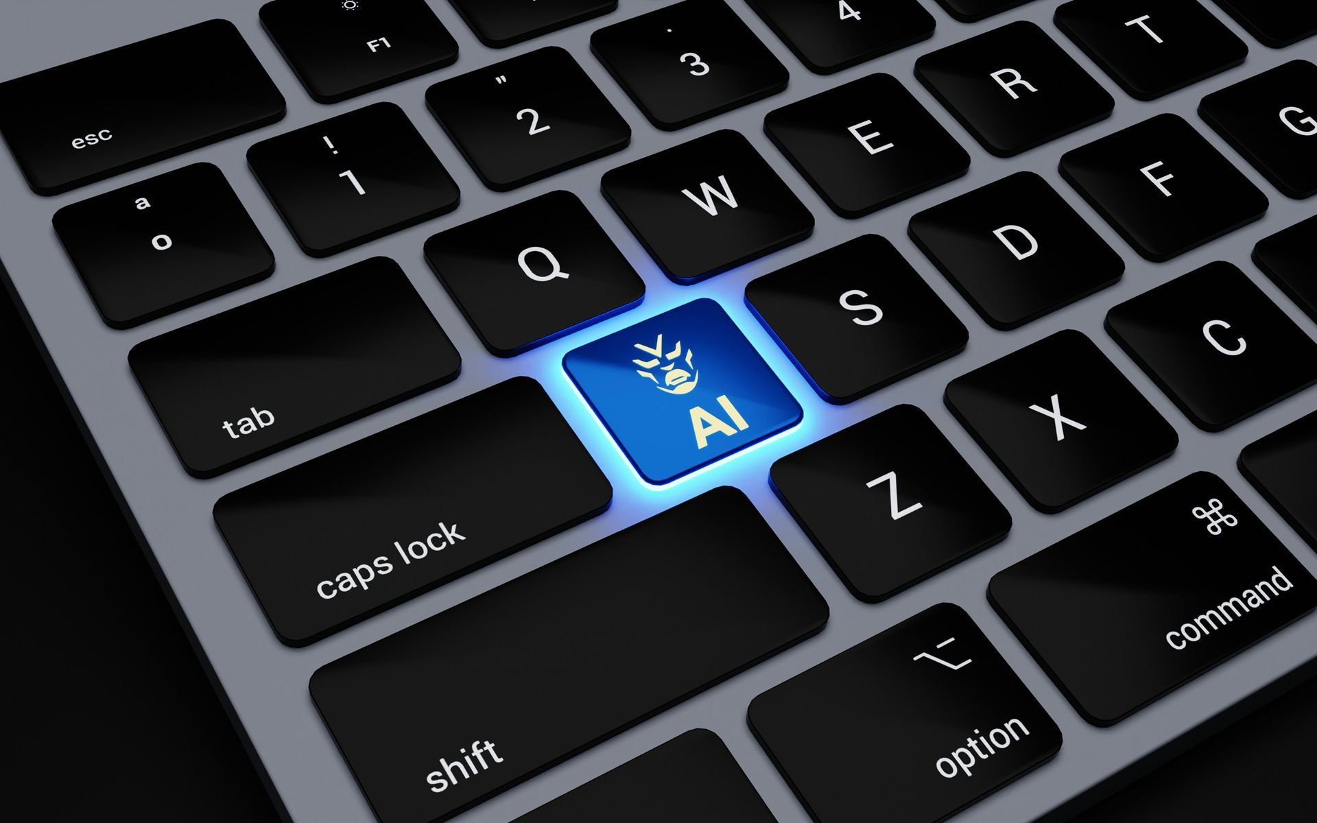 Clavier d'ordinateur avec une touche surlignée 'AI', symbolisant l'intégration de l'IA dans le marketing.