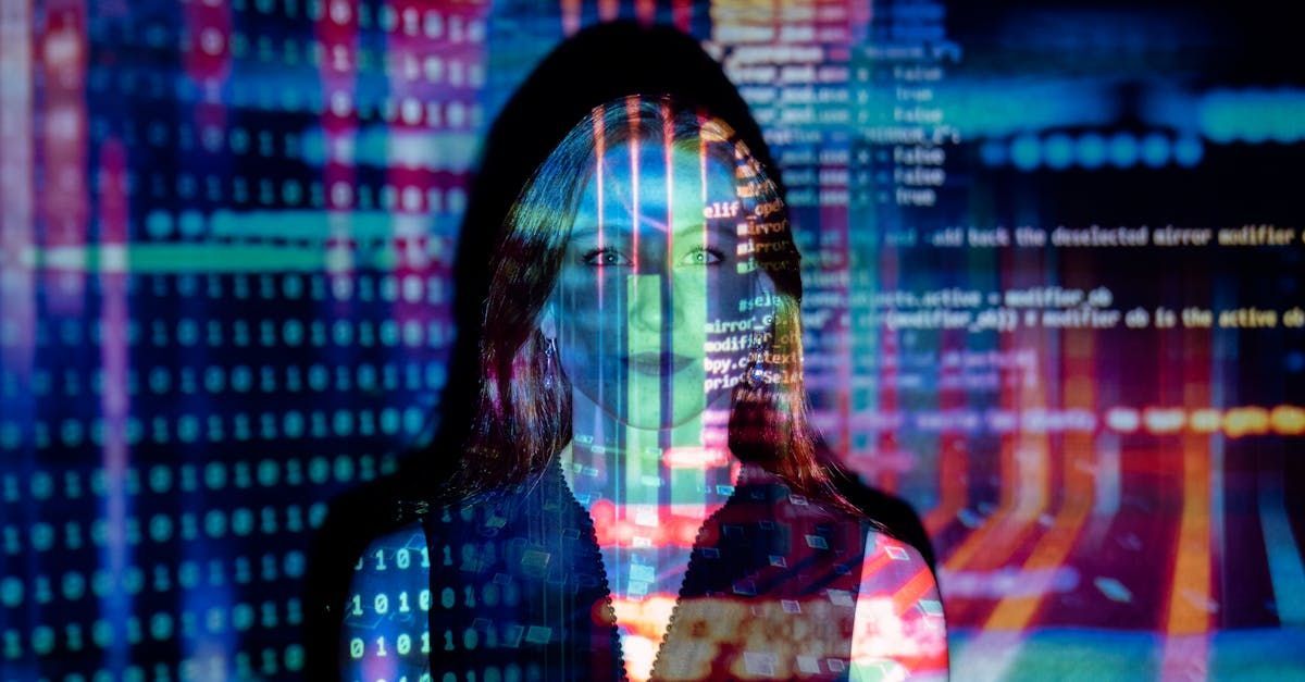 Femme avec des projections numériques, symbolisant l'intégration de l'IA.