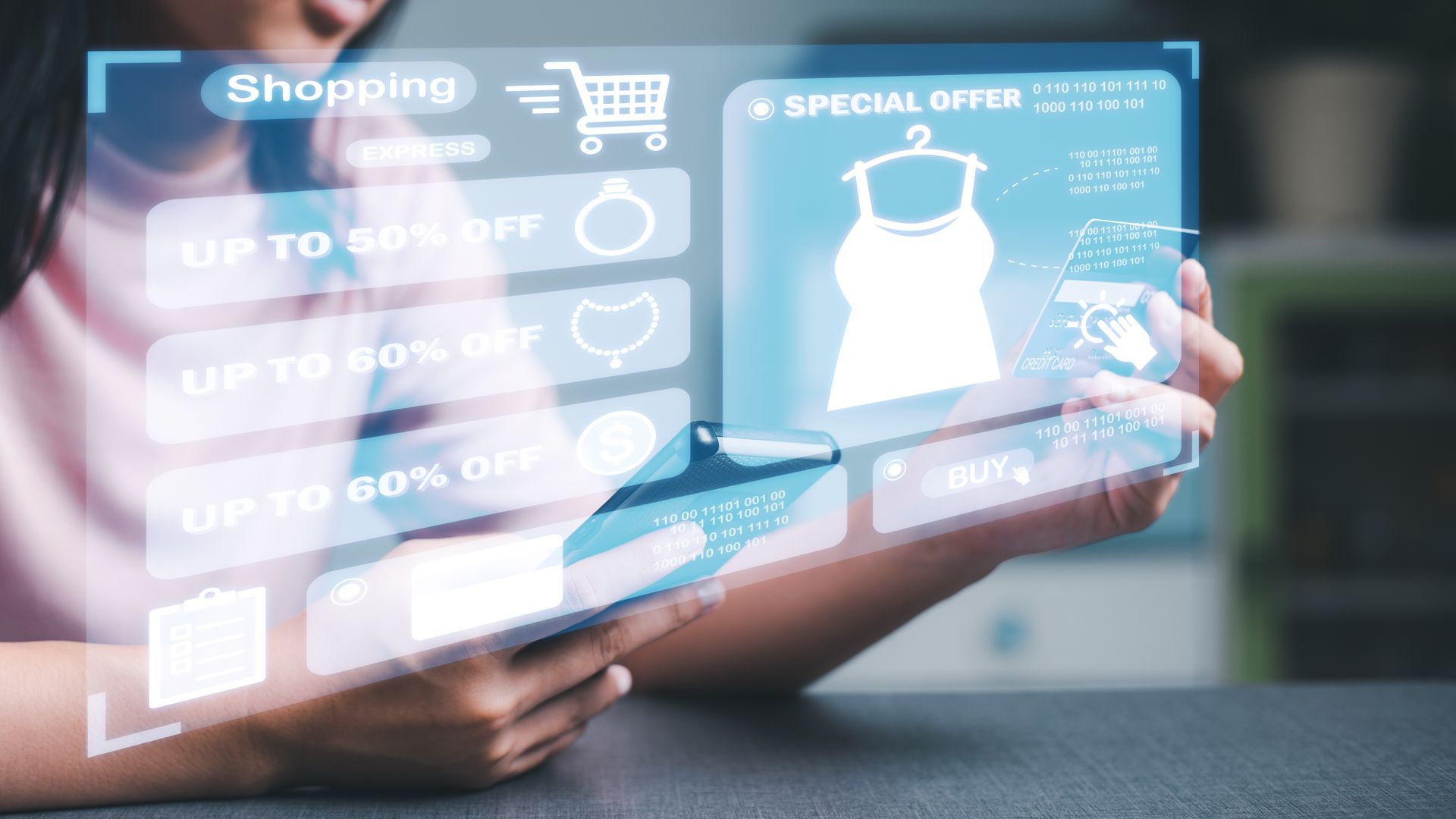 Personne sur le web avec une interface de shopping virtuel, représentant l'intégration de l'IA dans le parcours d'achat.