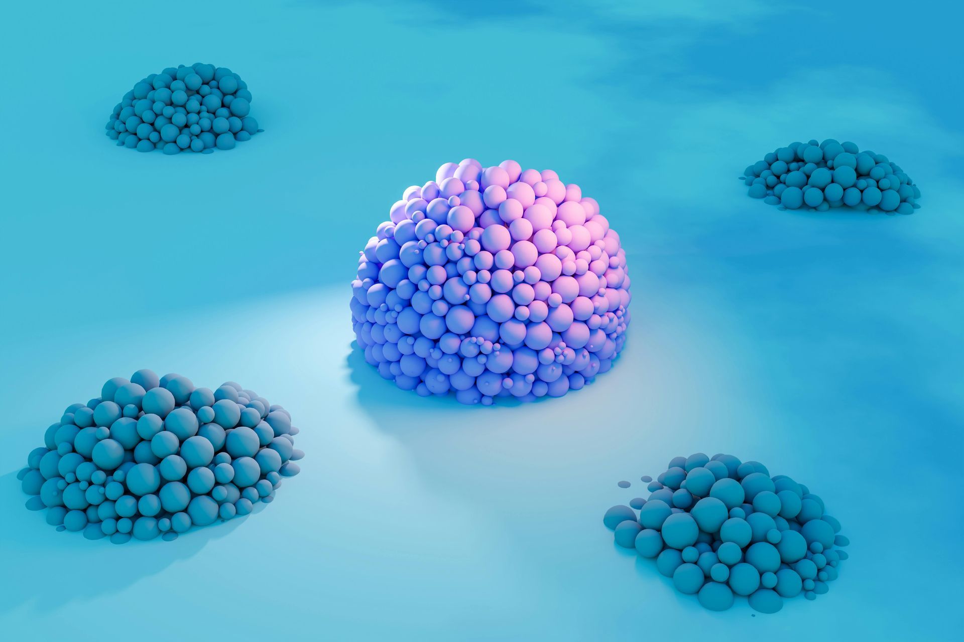 Représentation artistique de l'IA générative avec des formes moléculaires 3D en tons bleus et violets