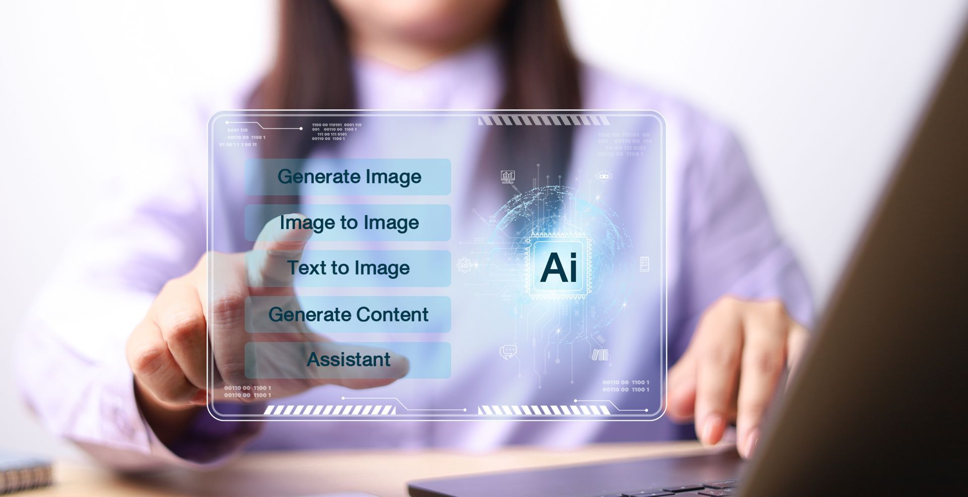 Femme utilisant une interface holographique d’IA pour générer du contenu et des images.