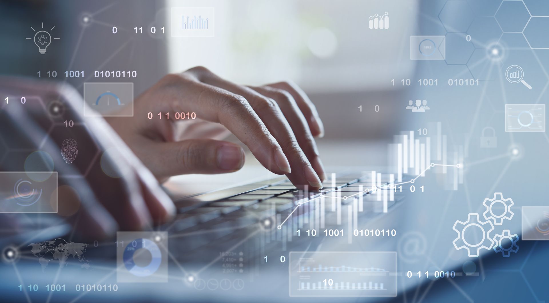 Mains tapant sur un clavier avec des icônes de données et d’intelligence artificielle, représentant