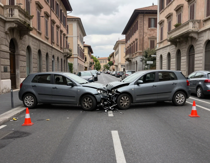 Due auto coinvolte in un incidente frontale su strada urbana italiana