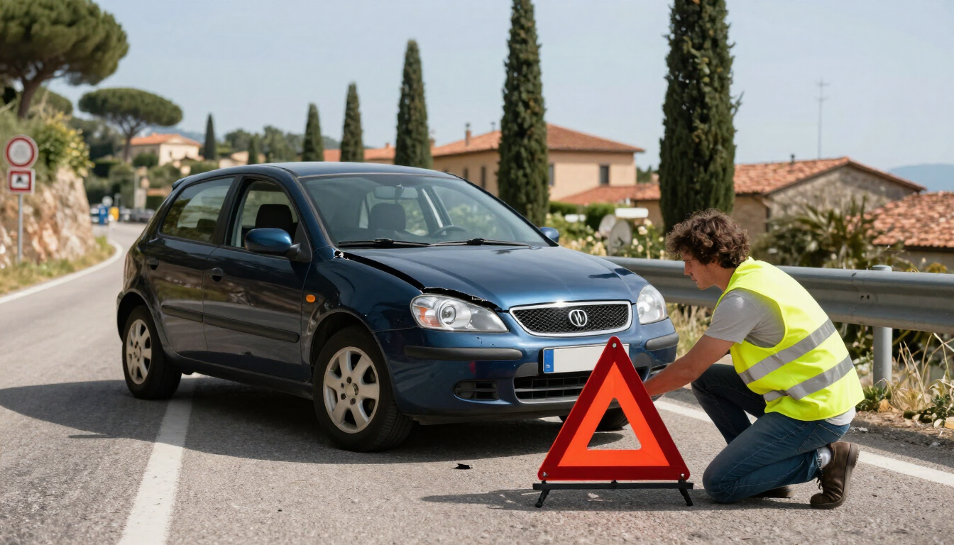 Scena di un incidente stradale con triangolo di emergenza e giubbotto catarifrangente