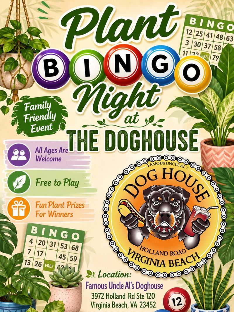 Green plant bingo night flyer for The Doghouse in Virginia Beach, with bingo balls and dog logo.