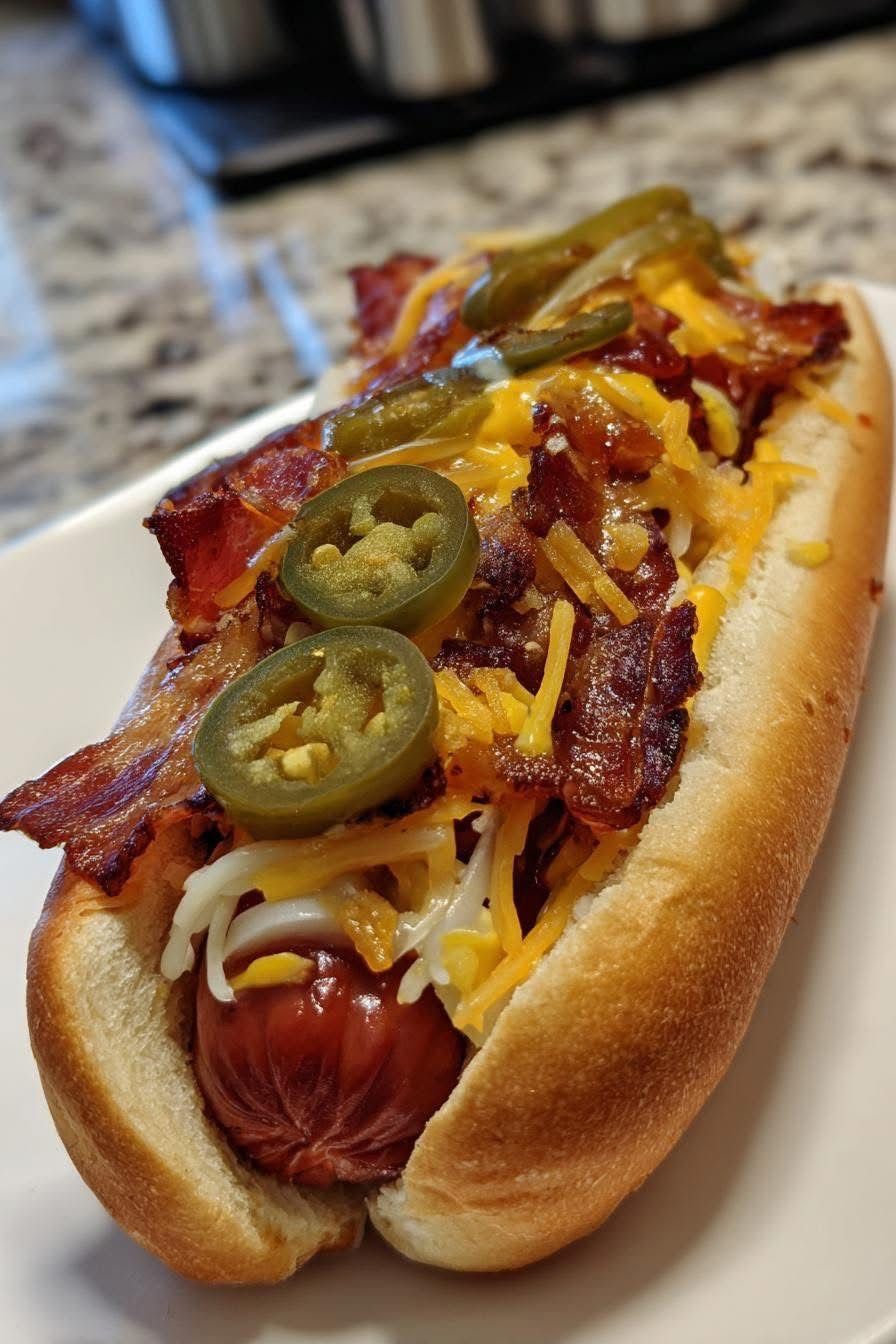 Hot dog with bacon, jalapeños, and shredded cheese on a white plate