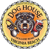 Dog House logo: snarling bulldog head holding hot dogs, with text “Famous Uncle Al’s” and “Virginia Beach”