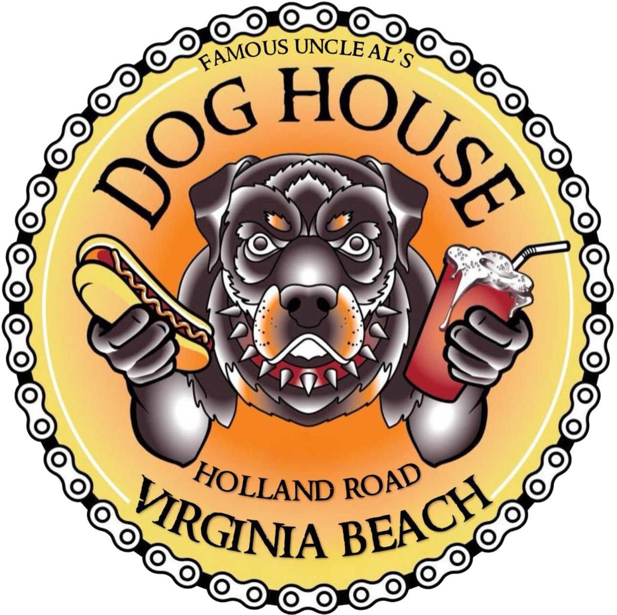 Dog House logo: snarling bulldog head holding hot dogs, with text &ldquo;Famous Uncle Al&rsquo;s&rdquo; and &ldquo;Virginia Beach&rdquo;