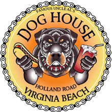 Dog House logo: snarling bulldog head holding hot dogs, with text &ldquo;Famous Uncle Al&rsquo;s&rdquo; and &ldquo;Virginia Beach&rdquo;