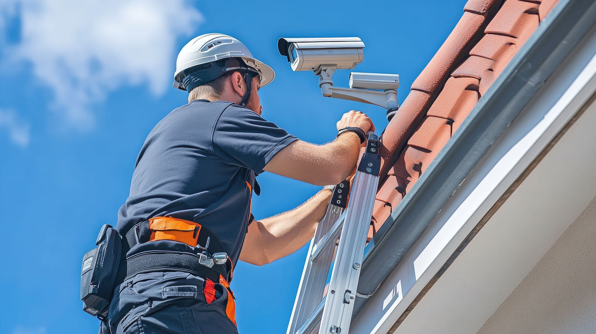 Electrician on a ladder with protective gear checking CCTV project. Electrician on a ladder with protective gear checking CCTV project.