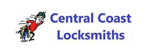 Logo for Central Coast Locksmiths: a running man holding keys next to blue text.