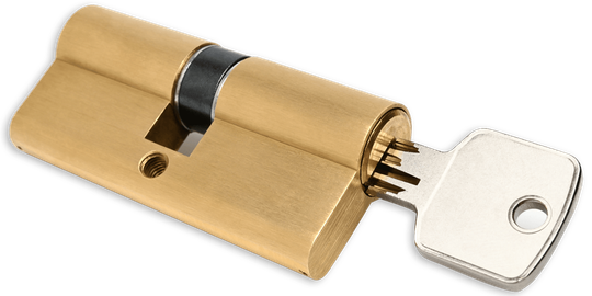 Brass door cylinder lock with a key inserted.