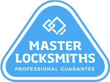 Blue and white Master Locksmiths badge with linked squares icon, text 