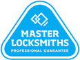 Blue shield logo for Master Locksmiths with text and intertwined key shapes.