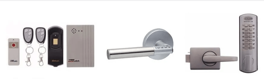 Access Control Systems — Gosford, NSW — Central Coast Locksmiths Security system components including key fobs, a control panel, door handles, and a keypad.