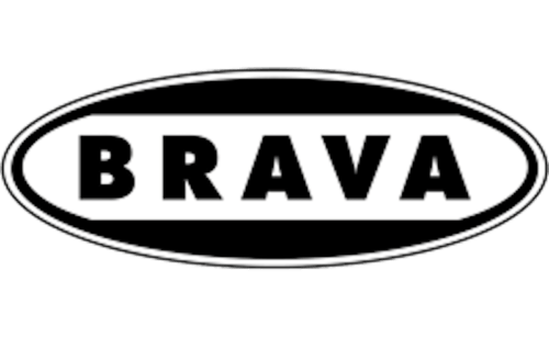 BRAVA logo in black and white oval shape. 