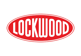 Lockwood logo in white letters on a red oval. The oval is outlined in white.