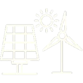 Solar panel and wind turbine with sun icon, representing renewable energy.