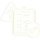 Checklist and warning icons in light outline, showing a form with a checkmark shield.