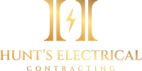 Hunt&rsquo;s Electrical Contracting logo in gold and white with a lightning bolt icon