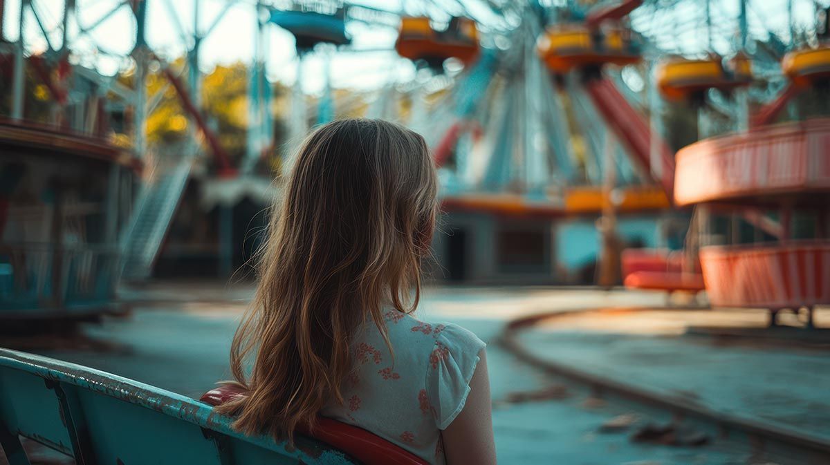 Person with long hair looking toward an amusement park ride area with colorful structures in the background