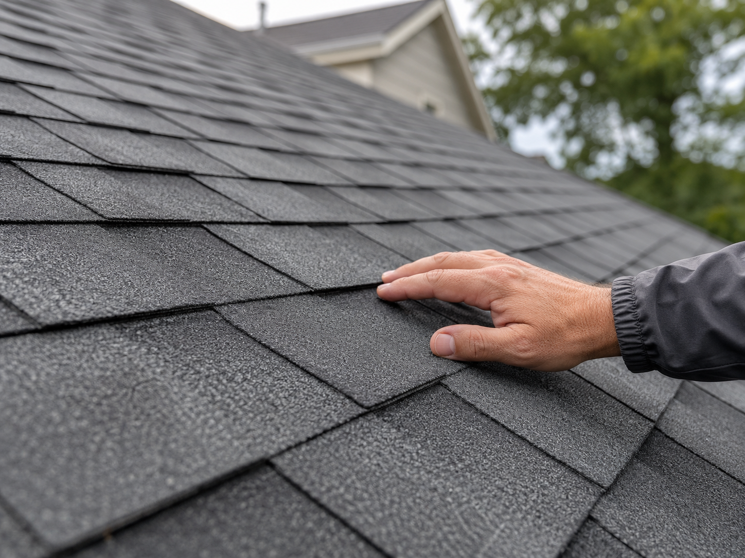 Close-up of asphalt shingles showing roof condition in Richmond, VA