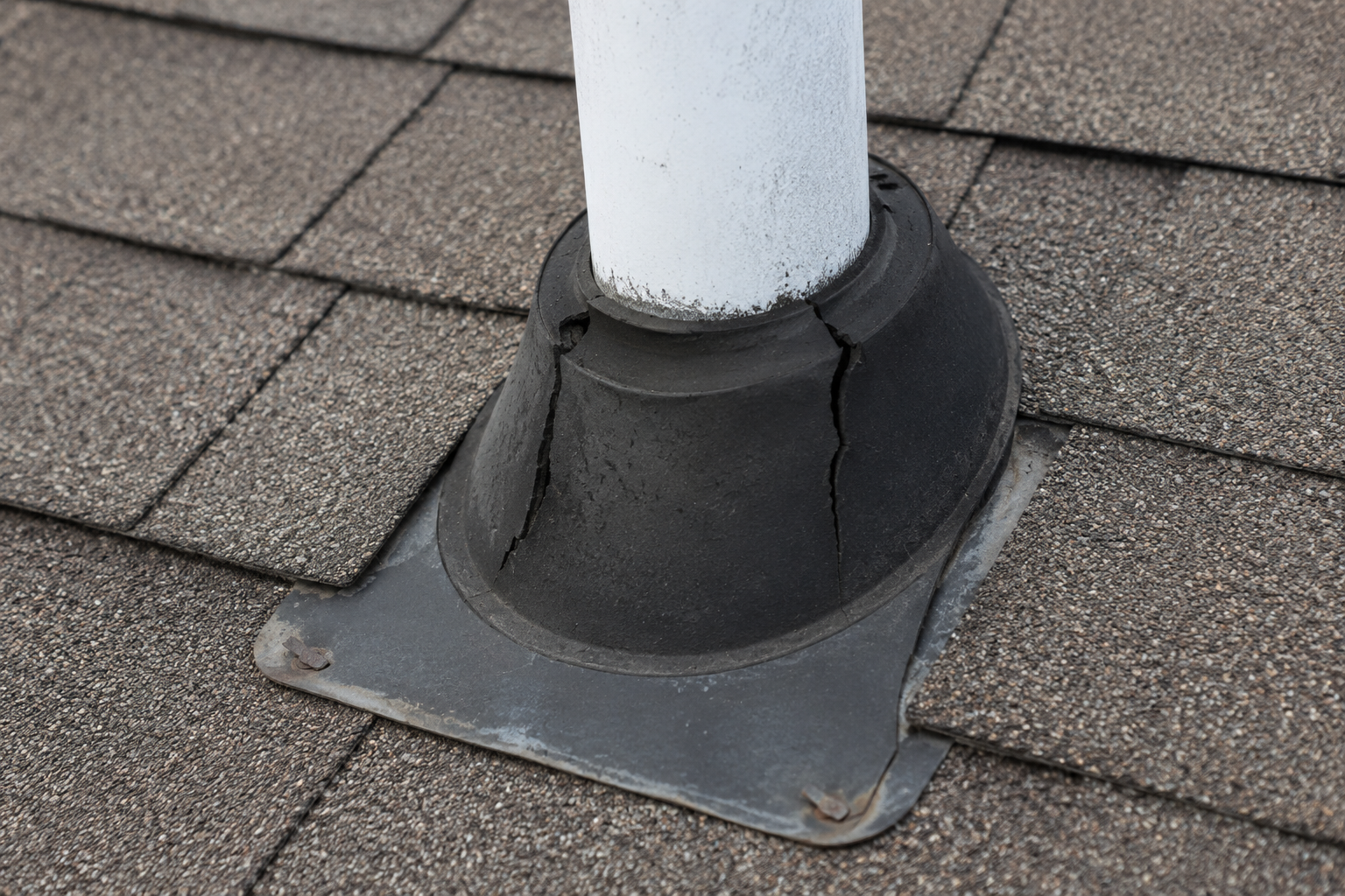 Damaged vent boot around roof pipe on asphalt shingles in Richmond, VA