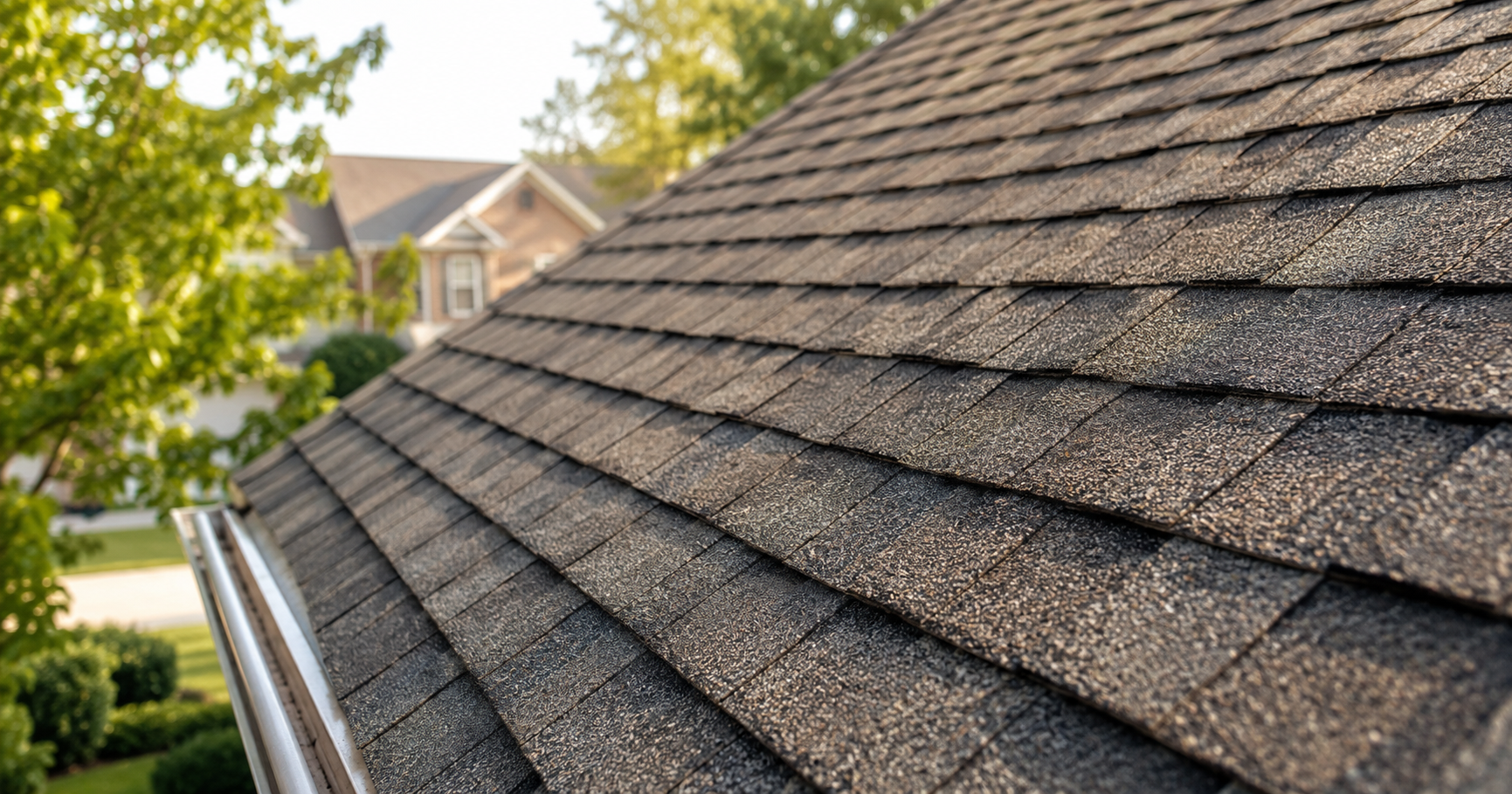 Close-up of aging asphalt shingles showing dryness and granule wear on a Richmond-area roof.