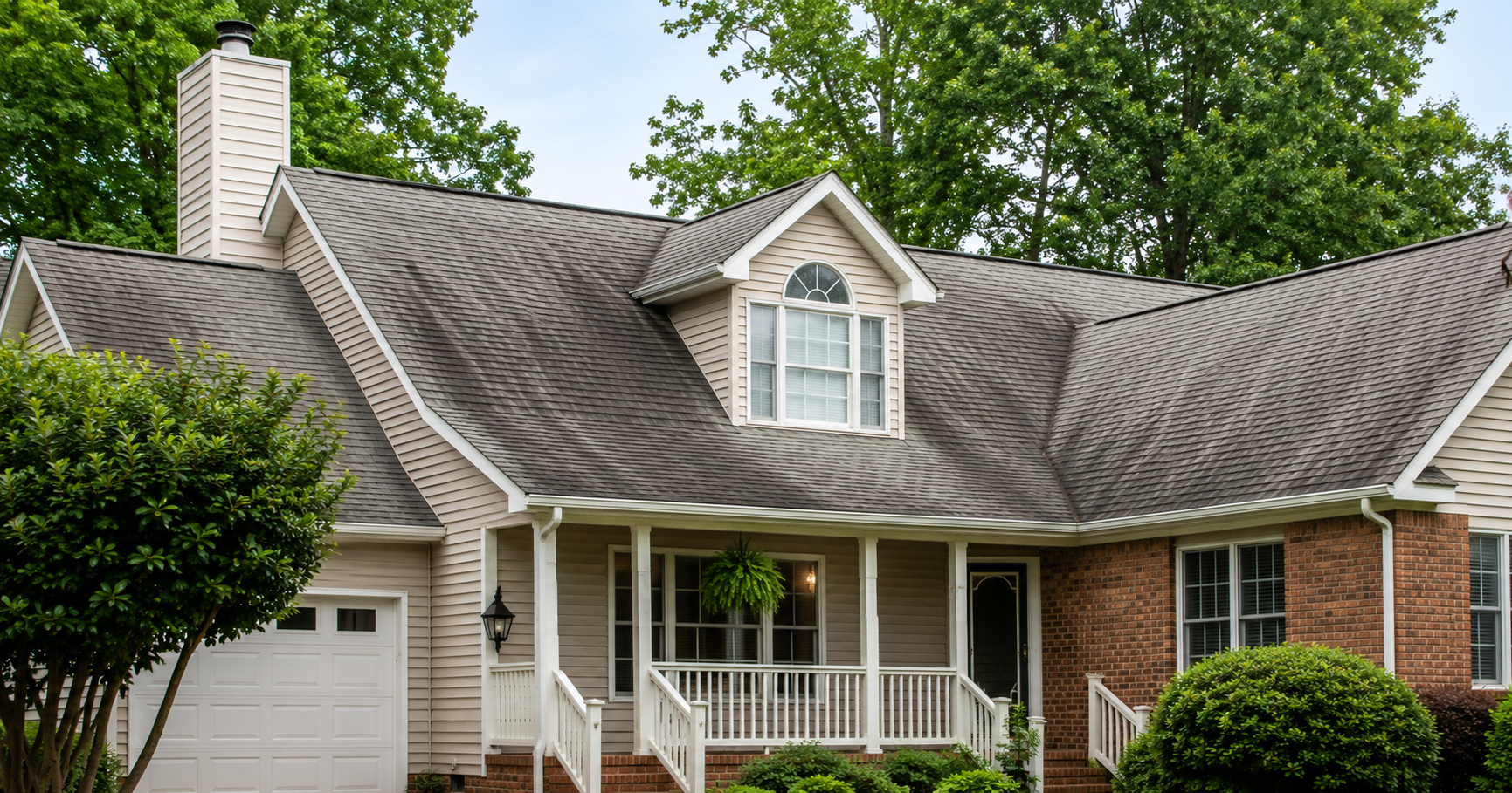 Dark algae streaks on an asphalt shingle roof of a Richmond area home