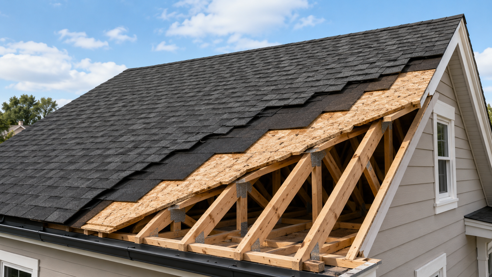 Cutaway view of a modern residential roof showing dark asphalt shingles, underlayment, roof decking, and exposed wooden framing to illustrate how a roof system is built in layers.
