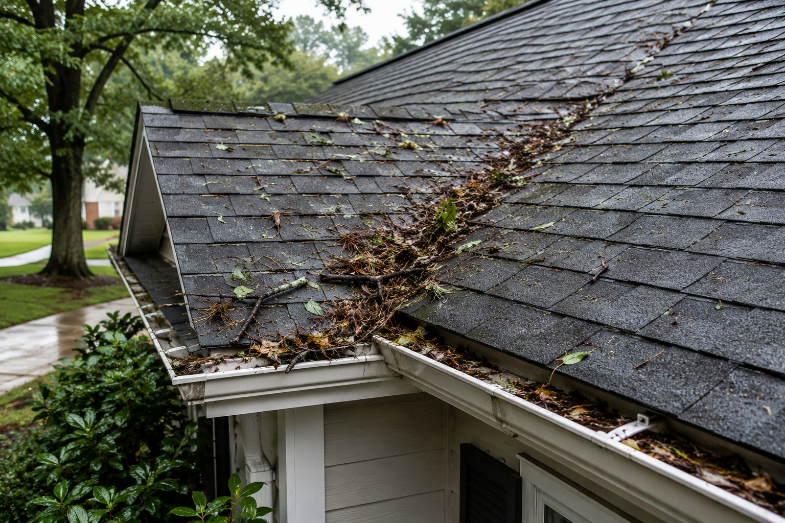 Storm debris on an asphalt shingle roof of a Richmond area home after heavy weather