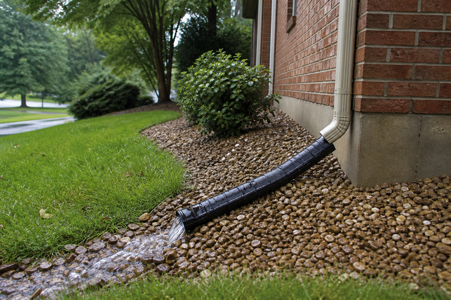 A connected downspout carries rainwater away from a brick home into a sloped gravel drainage bed.