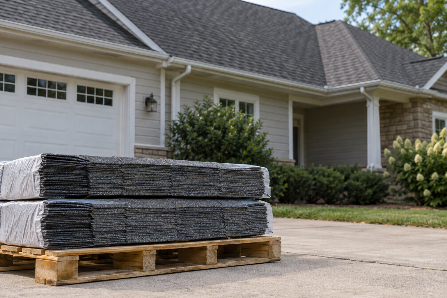 Two unbranded asphalt-shingle bundles rest on a pallet with an intact residential roof in the background.