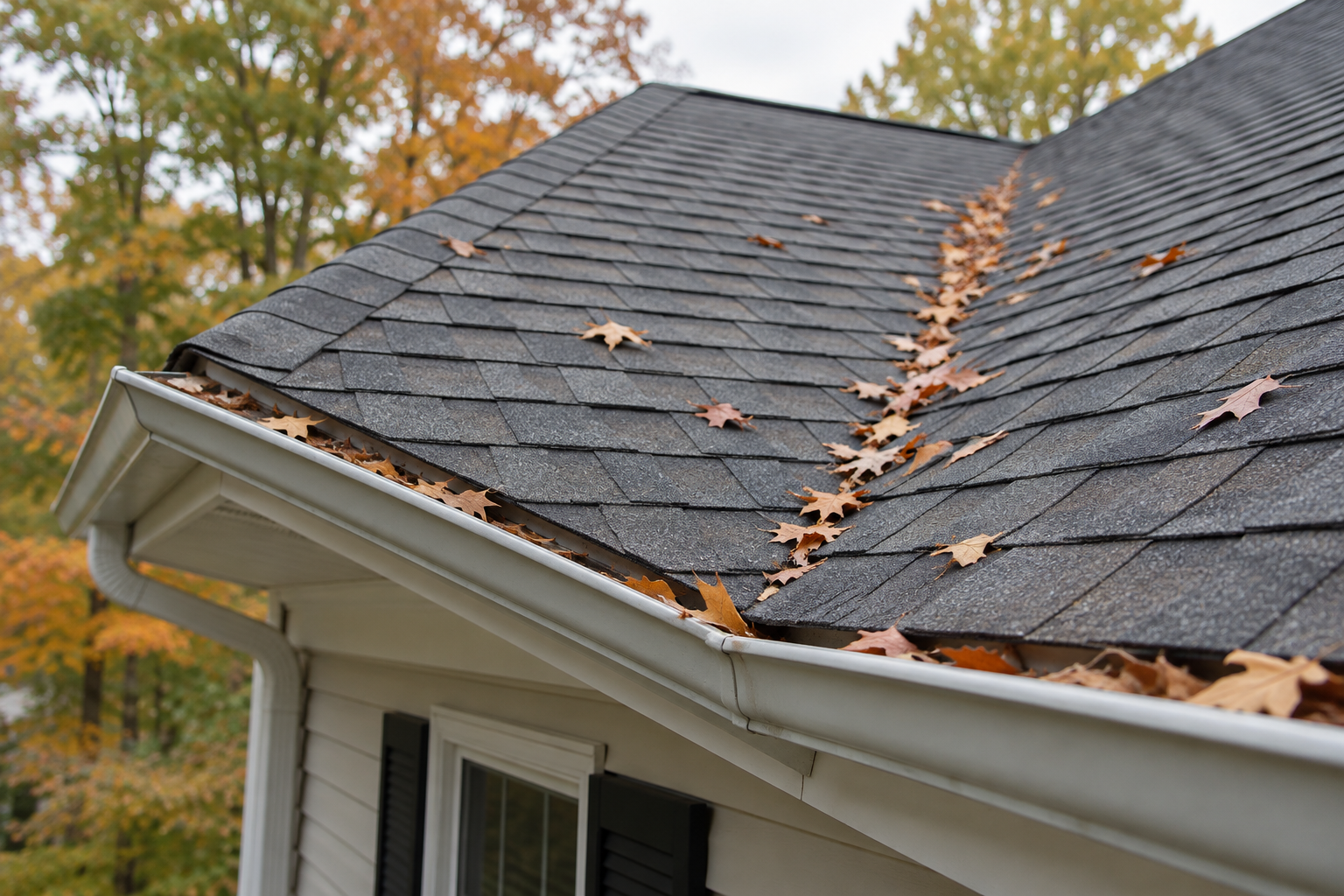 Autumn leaves rest along a gray asphalt-shingle roof valley and gutter on a suburban home.