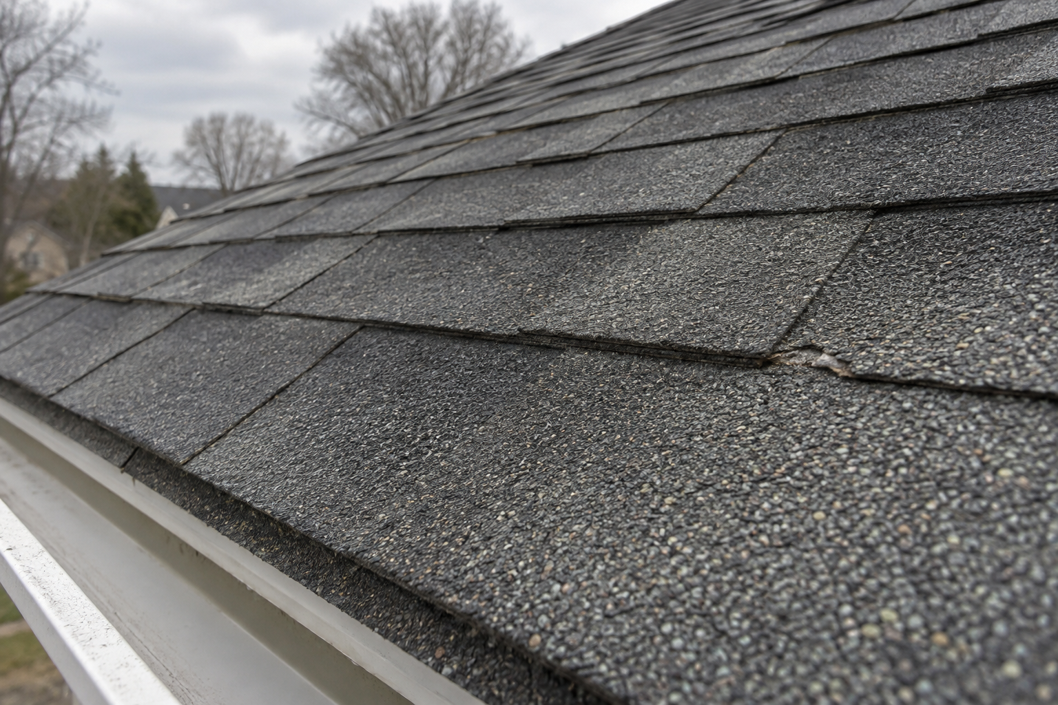 Weathered gray asphalt shingles line a roof eave, with a slightly raised edge visible among the rows.