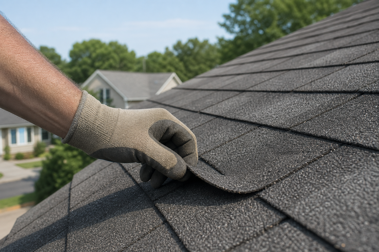 A gloved roof inspector gently lifts the edge of a weathered asphalt shingle to check its flexibility.