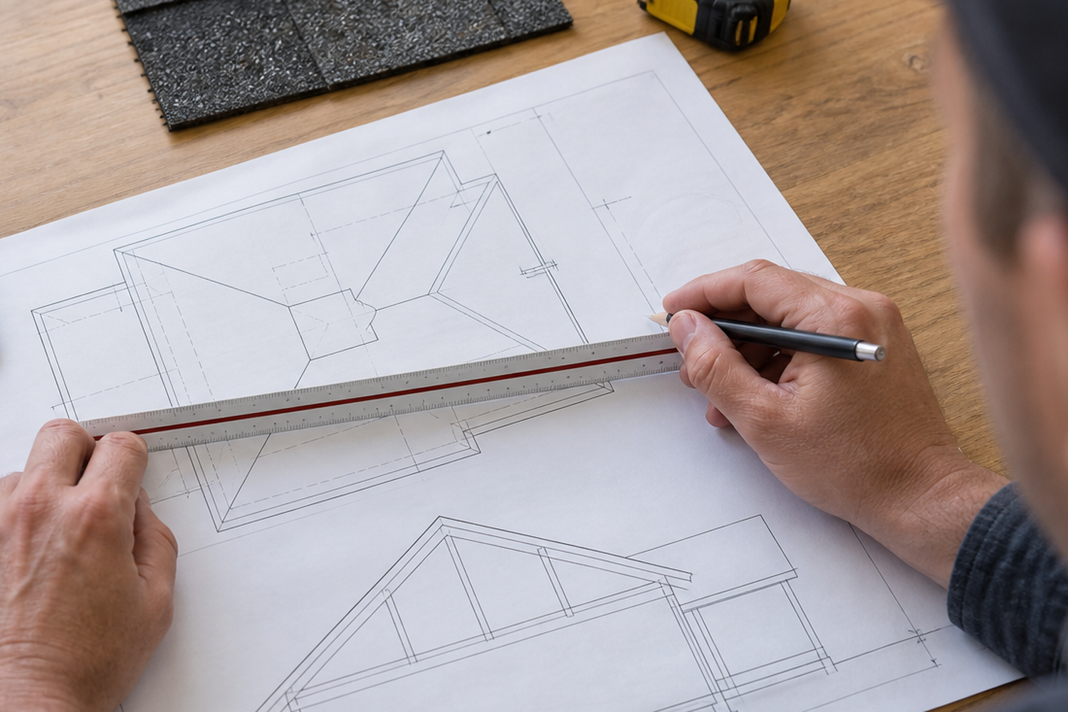 A technician reviews roof and attic plans with a scale ruler beside shingle samples and measuring tools.