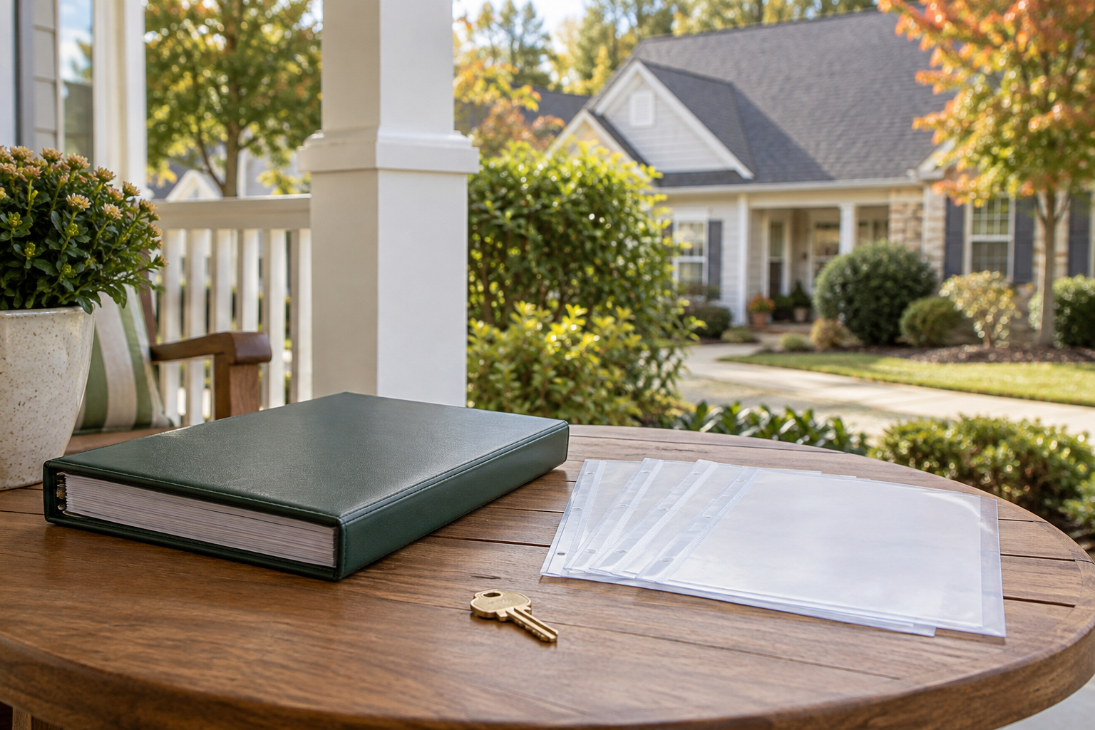 House keys and a home-maintenance binder rest on a porch table with a well-kept roof visible behind them.