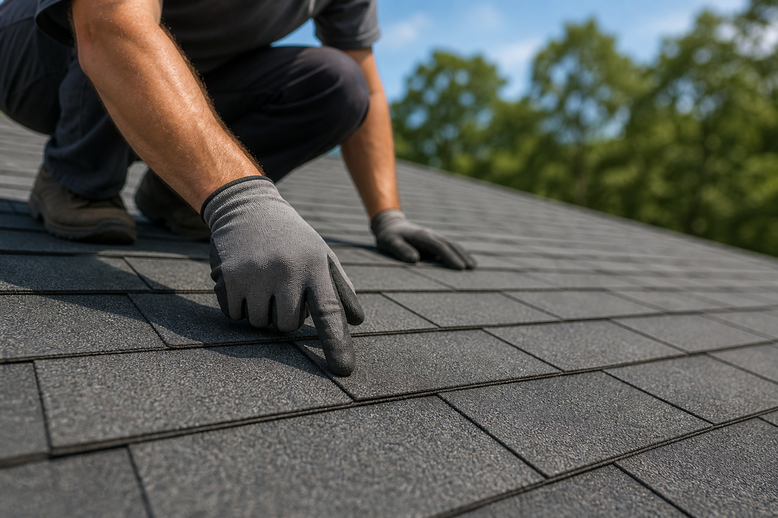 A roofing professional points to the straight slot pattern on a three-tab asphalt shingle roof.