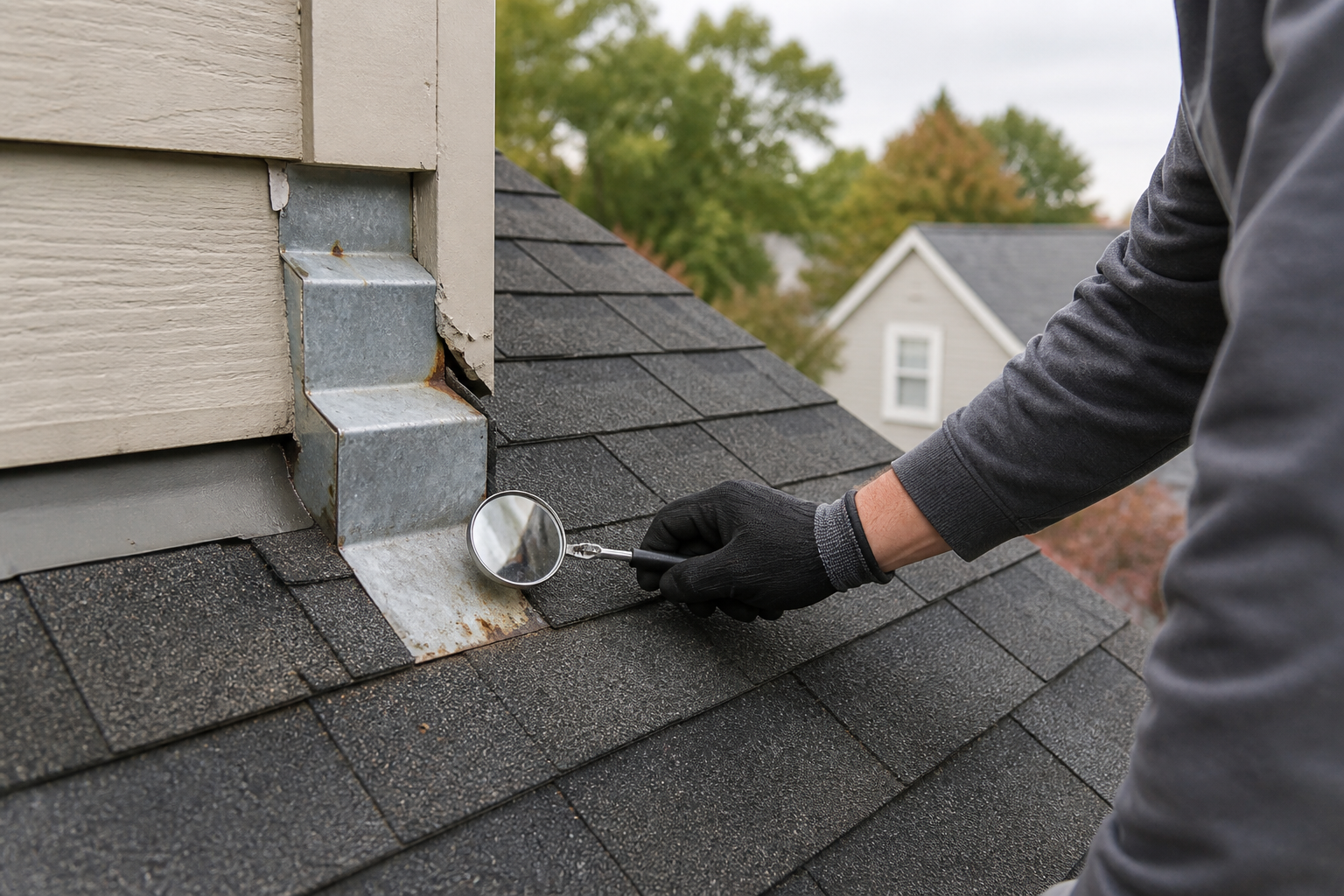 A roofing professional uses an inspection mirror to examine rusted step flashing beside asphalt shingles.
