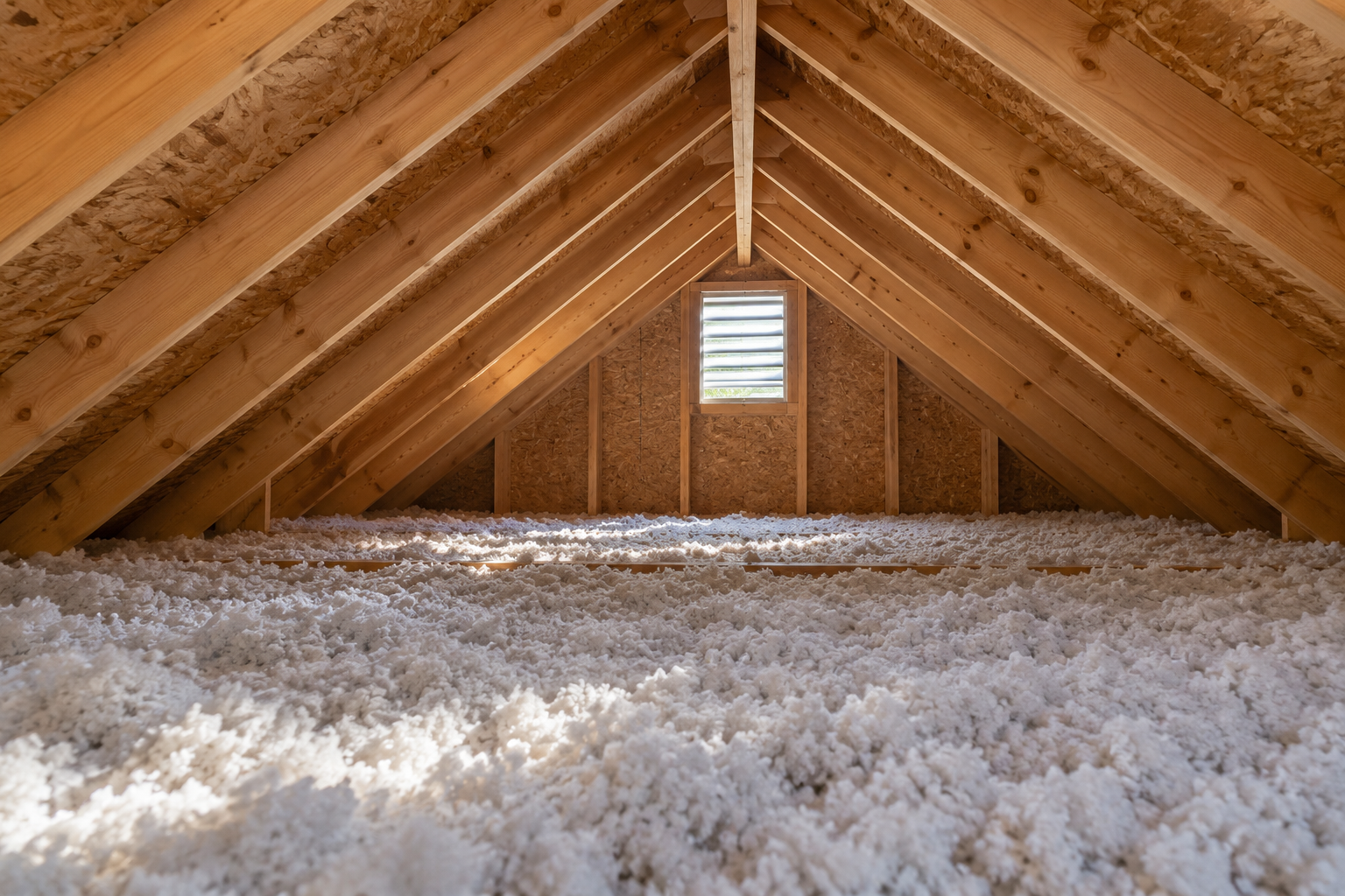 A clean residential attic shows exposed roof framing, insulation, and a small gable vent.