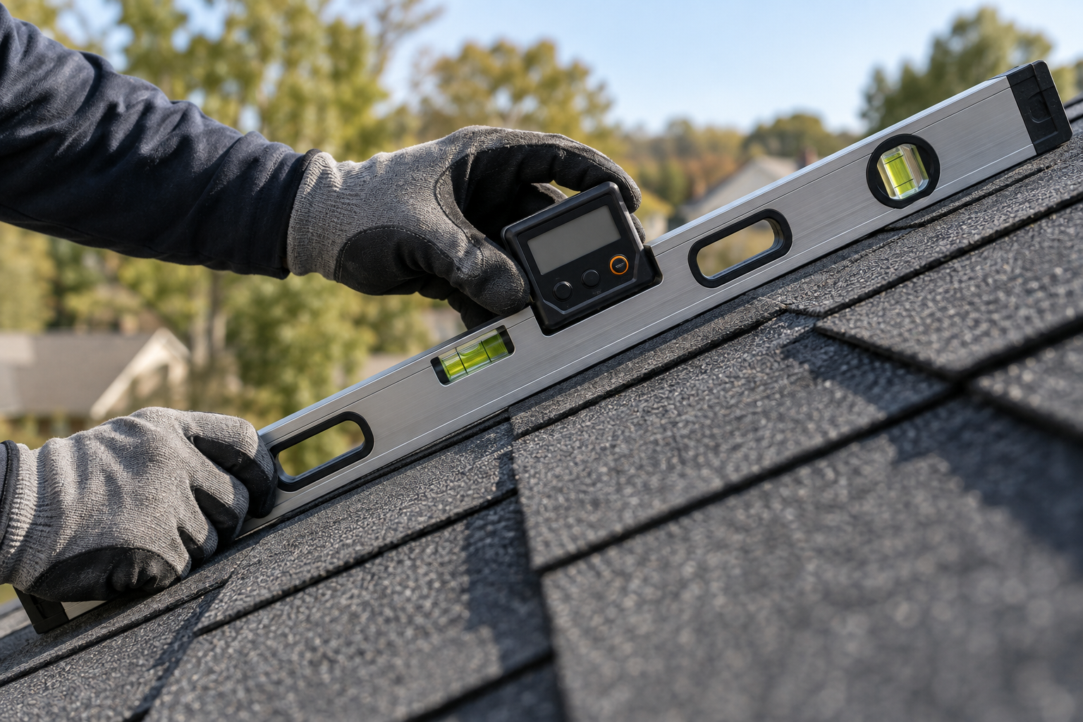 A roofing professional measures the pitch of an asphalt-shingle roof with an angle gauge and level.